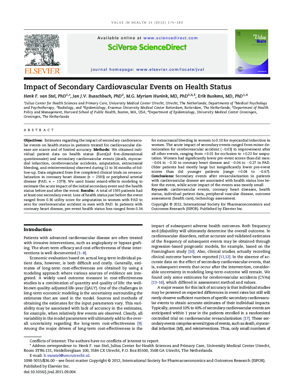 Impact of Secondary Cardiovascular Events on Health Status