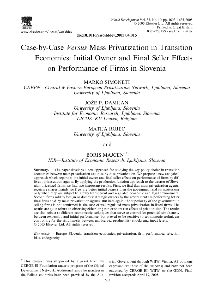 Case-by-Case Versus mass privatization in transition economies: Initial owner and final seller effects on performance of firms in Slovenia