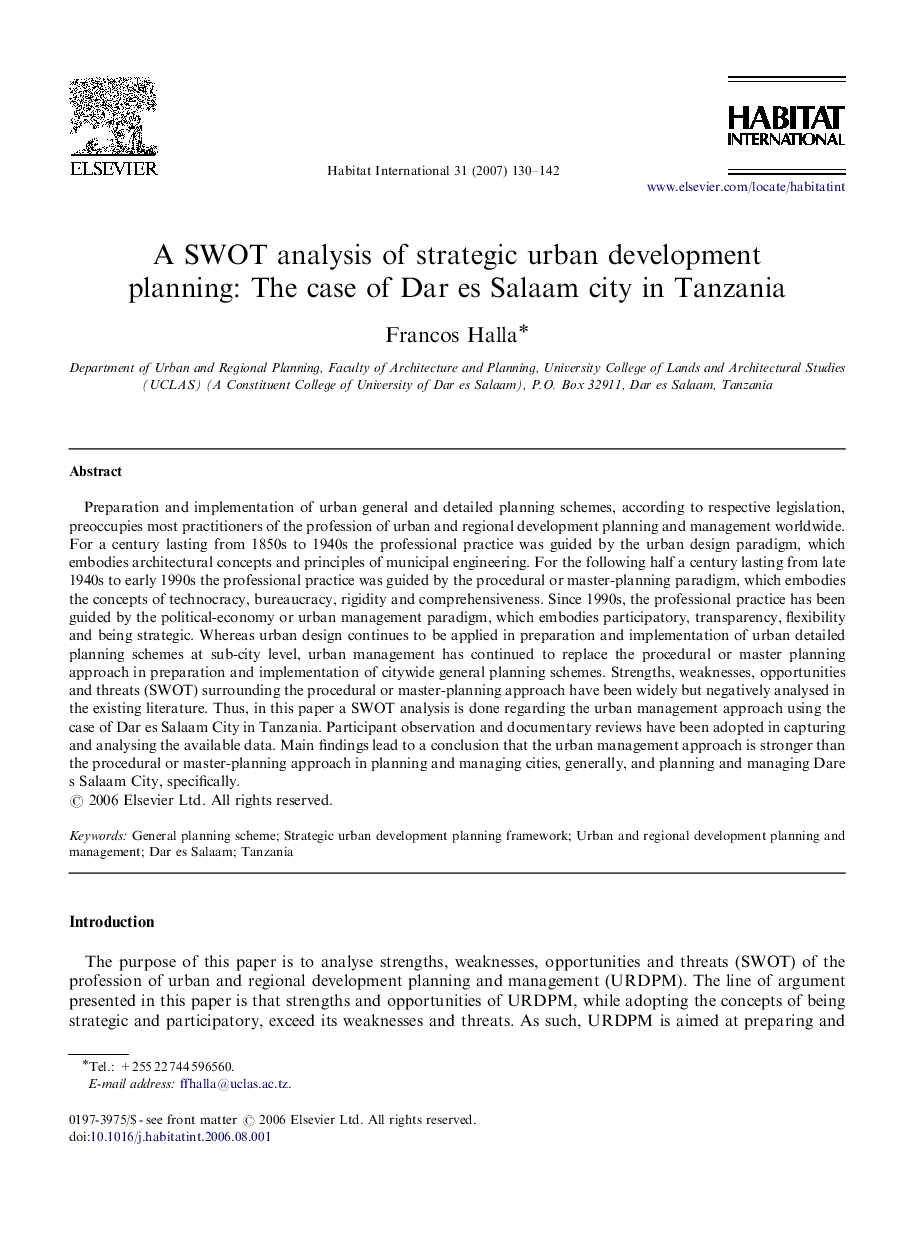 A SWOT analysis of strategic urban development planning: The case of Dar es Salaam city in Tanzania