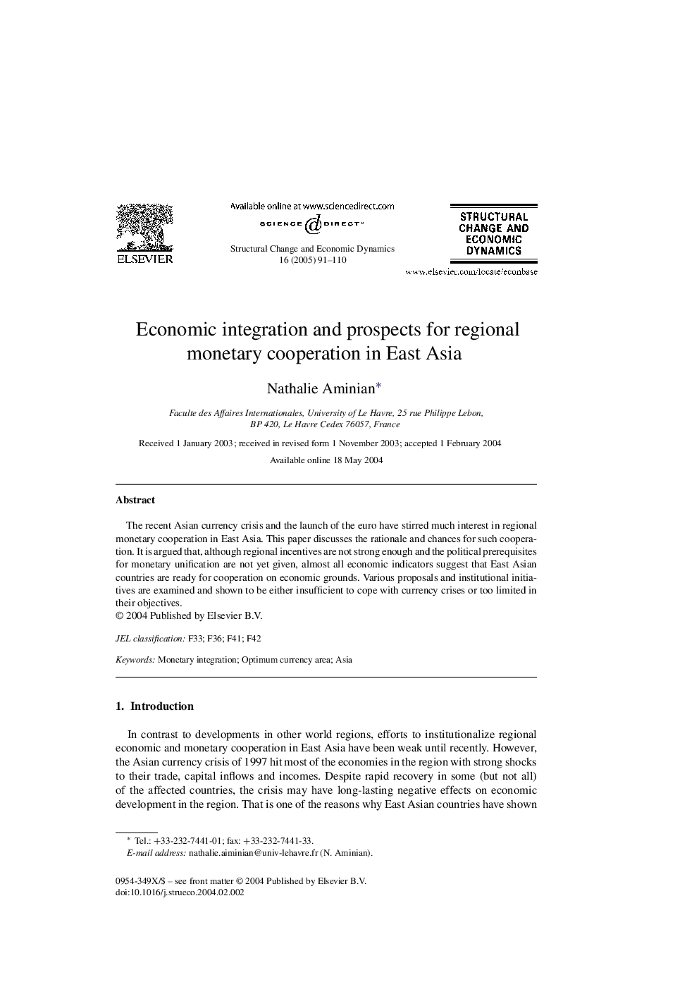 Economic integration and prospects for regional monetary cooperation in East Asia