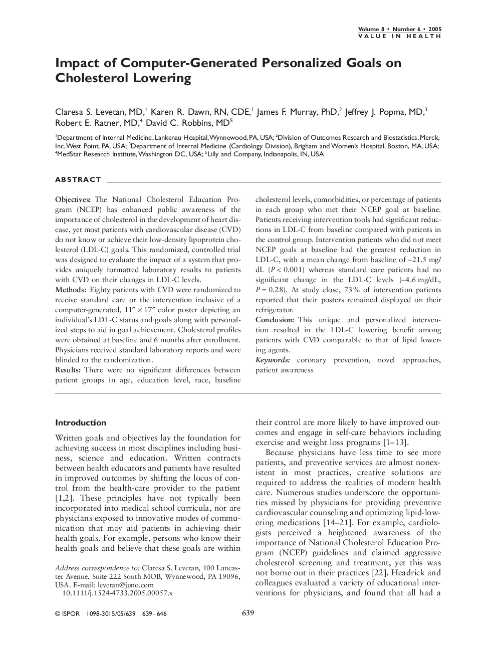 Impact of Computer-Generated Personalized Goals on Cholesterol Lowering