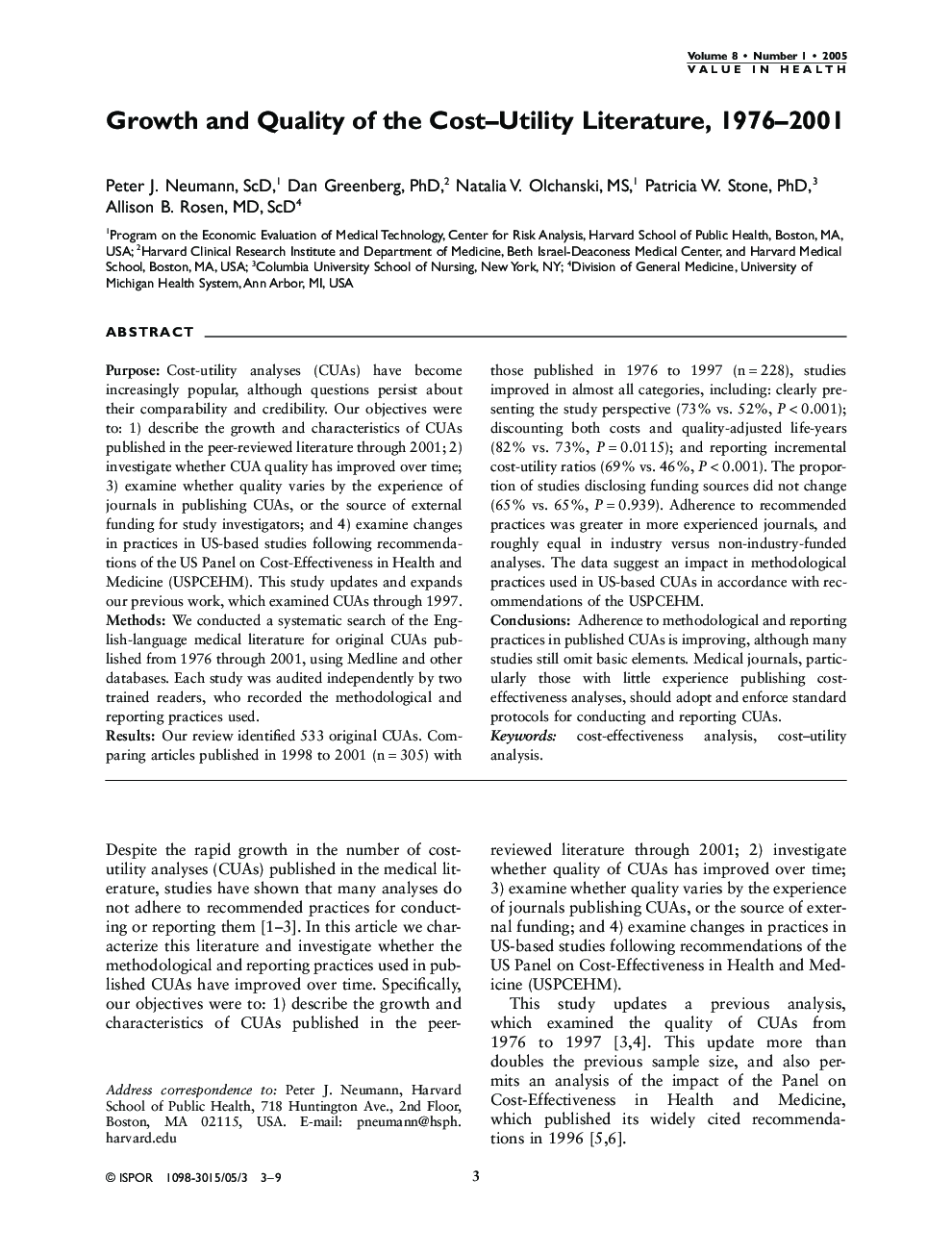 Growth and Quality of the Cost-Utility Literature, 1976-2001