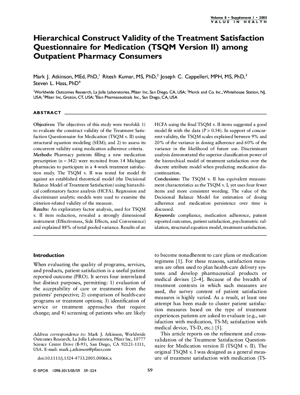 Hierarchical Construct Validity of the Treatment Satisfaction Questionnaire for Medication (TSQM Version II) among Outpatient Pharmacy Consumers