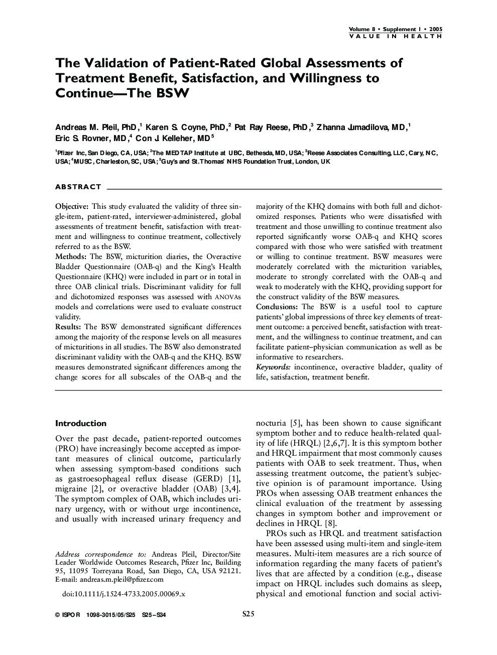 The Validation of Patient-Rated Global Assessments of Treatment Benefit, Satisfaction, and Willingness to Continue-The BSW