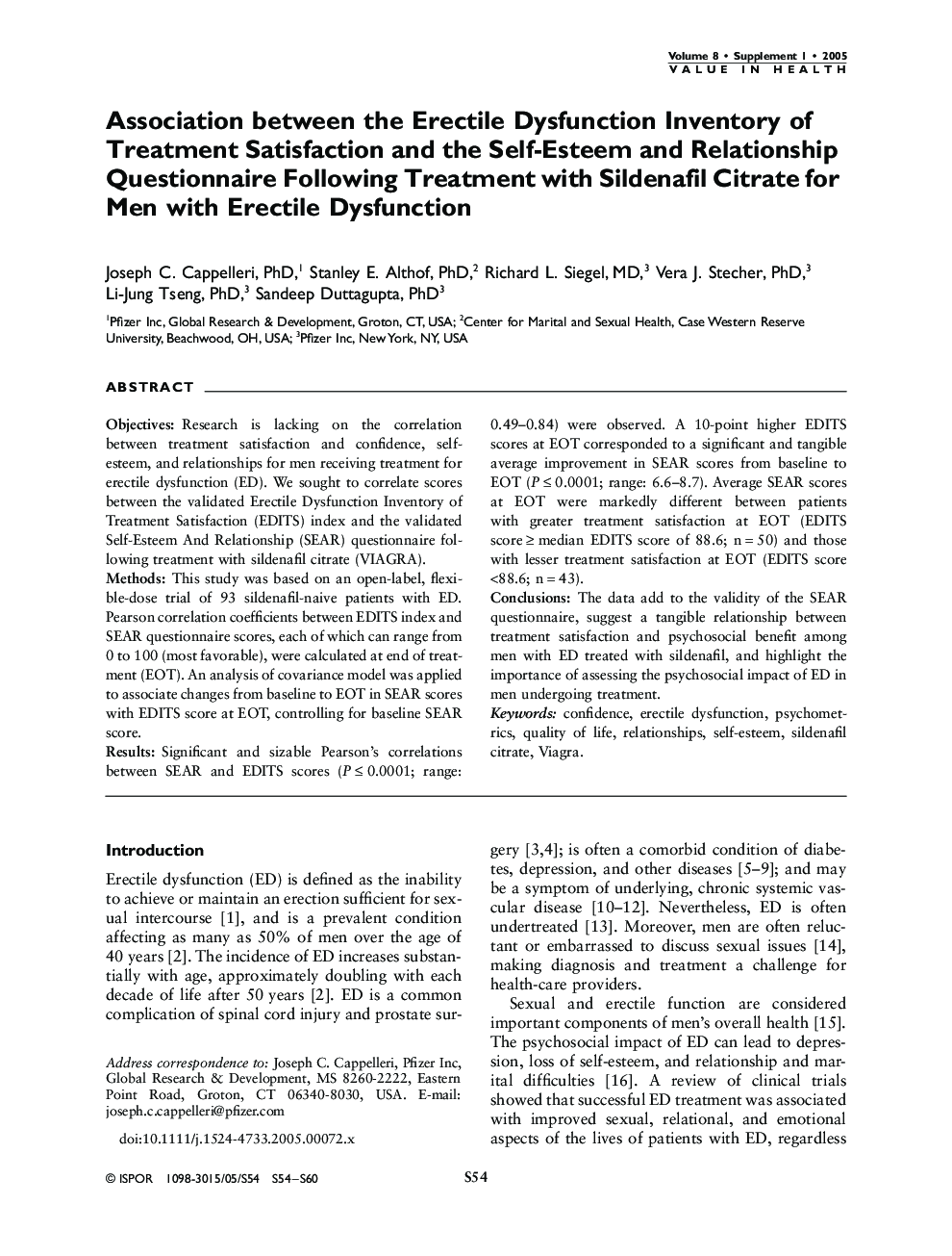 Association between the Erectile Dysfunction Inventory of Treatment Satisfaction and the Self-Esteem and Relationship Questionnaire Following Treatment with Sildenafil Citrate for Men with Erectile Dysfunction