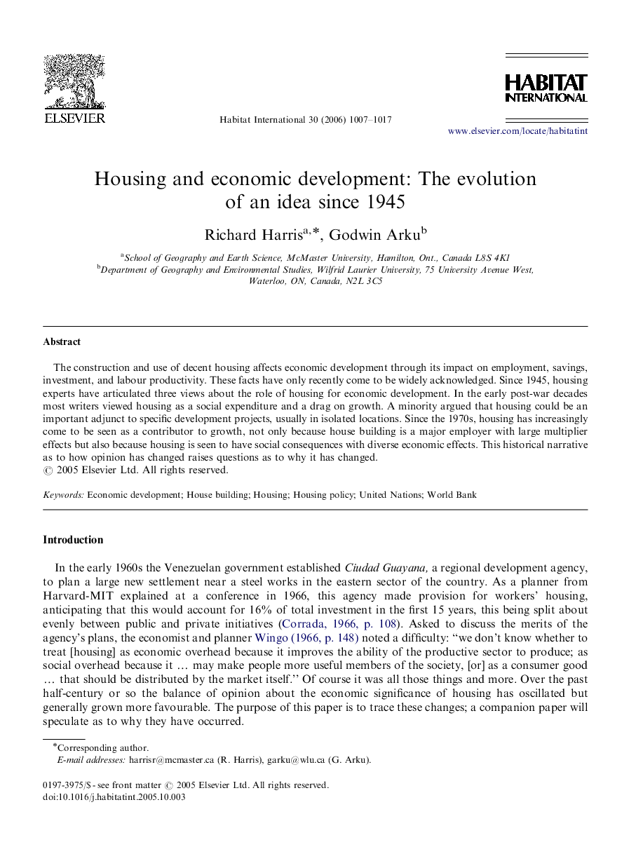 Housing and economic development: The evolution of an idea since 1945