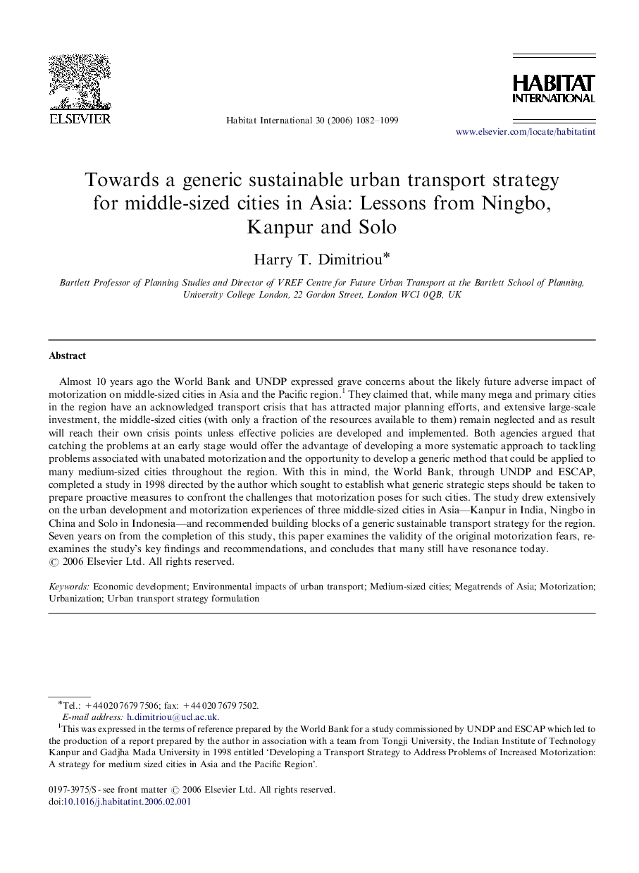 Towards a generic sustainable urban transport strategy for middle-sized cities in Asia: Lessons from Ningbo, Kanpur and Solo