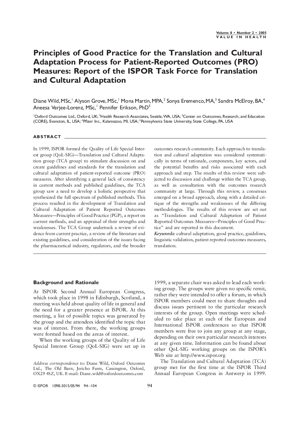 Principles of Good Practice for the Translation and Cultural Adaptation Process for Patient-Reported Outcomes (PRO) Measures: Report of the ISPOR Task Force for Translation and Cultural Adaptation