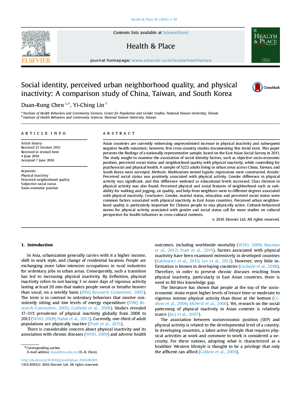 Social identity, perceived urban neighborhood quality, and physical inactivity: A comparison study of China, Taiwan, and South Korea
