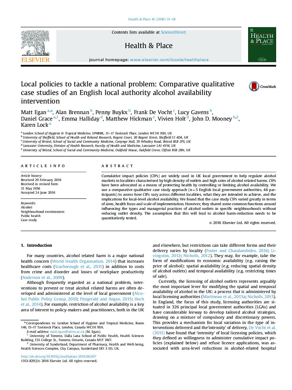 Local policies to tackle a national problem: Comparative qualitative case studies of an English local authority alcohol availability intervention