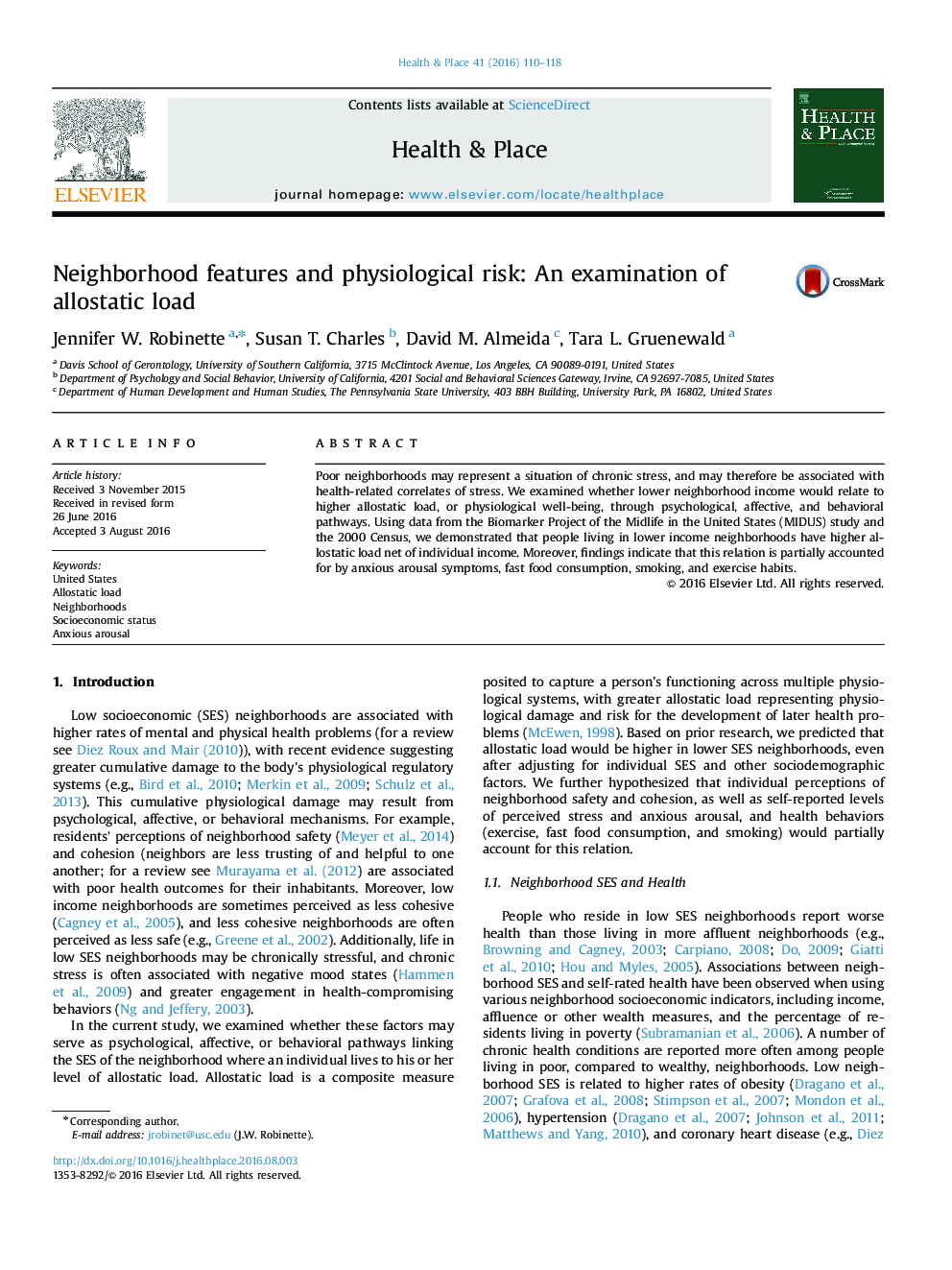 Neighborhood features and physiological risk: An examination of allostatic load