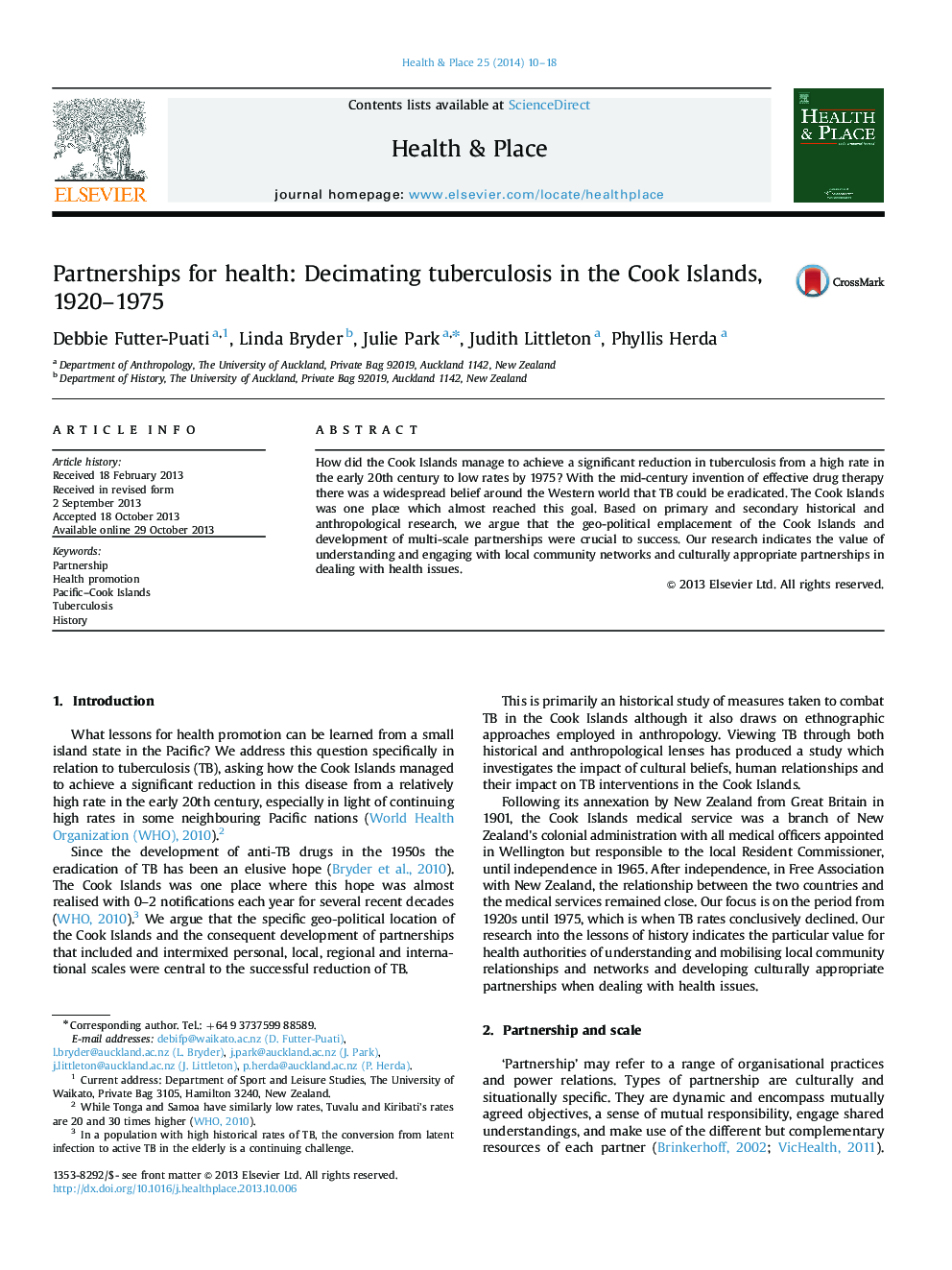 Partnerships for health: Decimating tuberculosis in the Cook Islands, 1920–1975