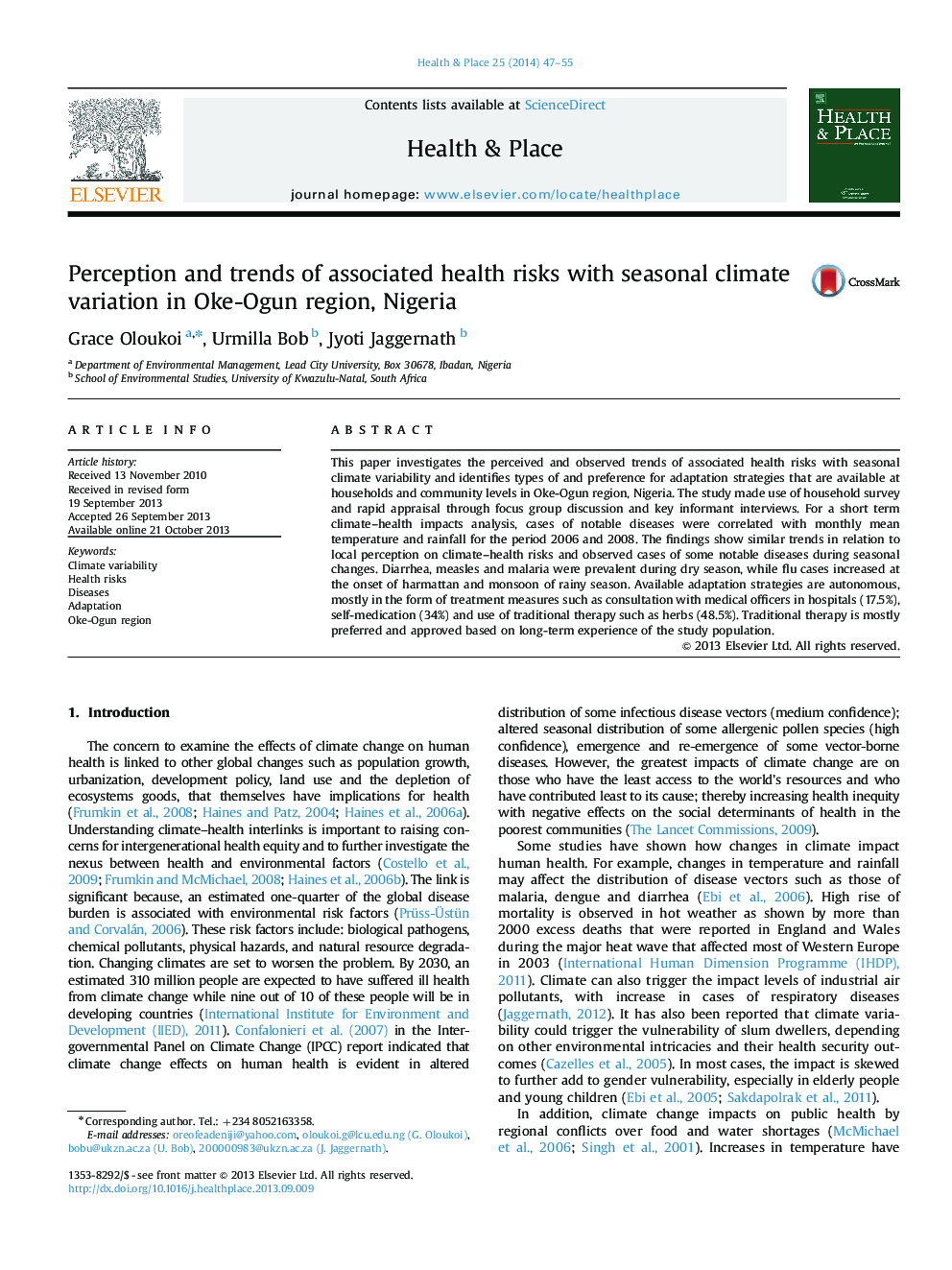 Perception and trends of associated health risks with seasonal climate variation in Oke-Ogun region, Nigeria