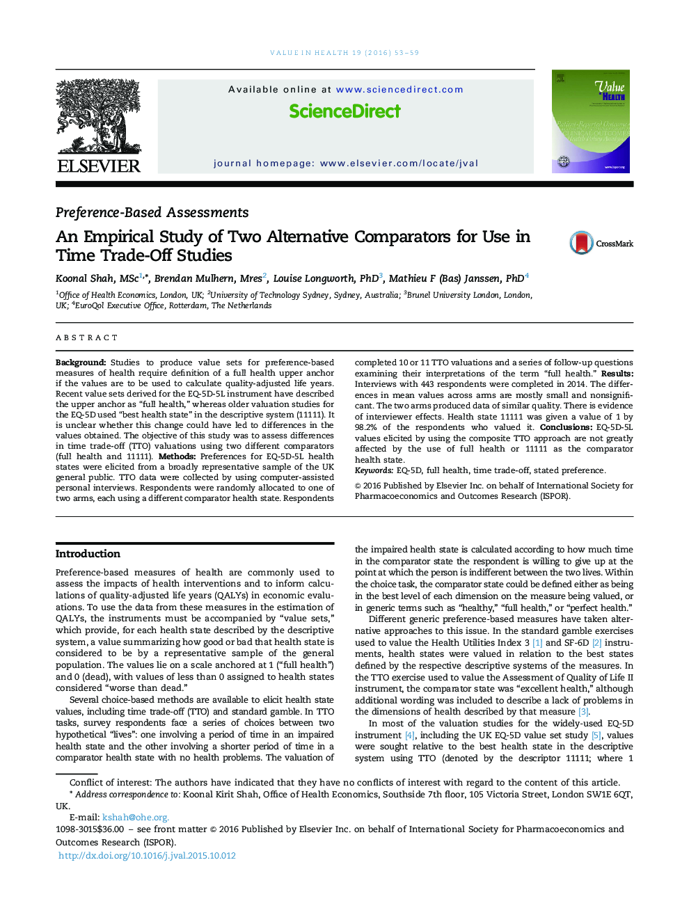 An Empirical Study of Two Alternative Comparators for Use in Time Trade-Off Studies