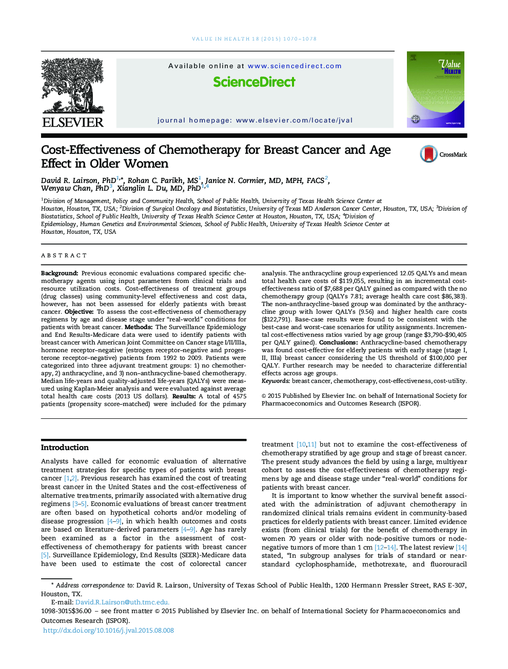 Cost-Effectiveness of Chemotherapy for Breast Cancer and Age Effect in Older Women