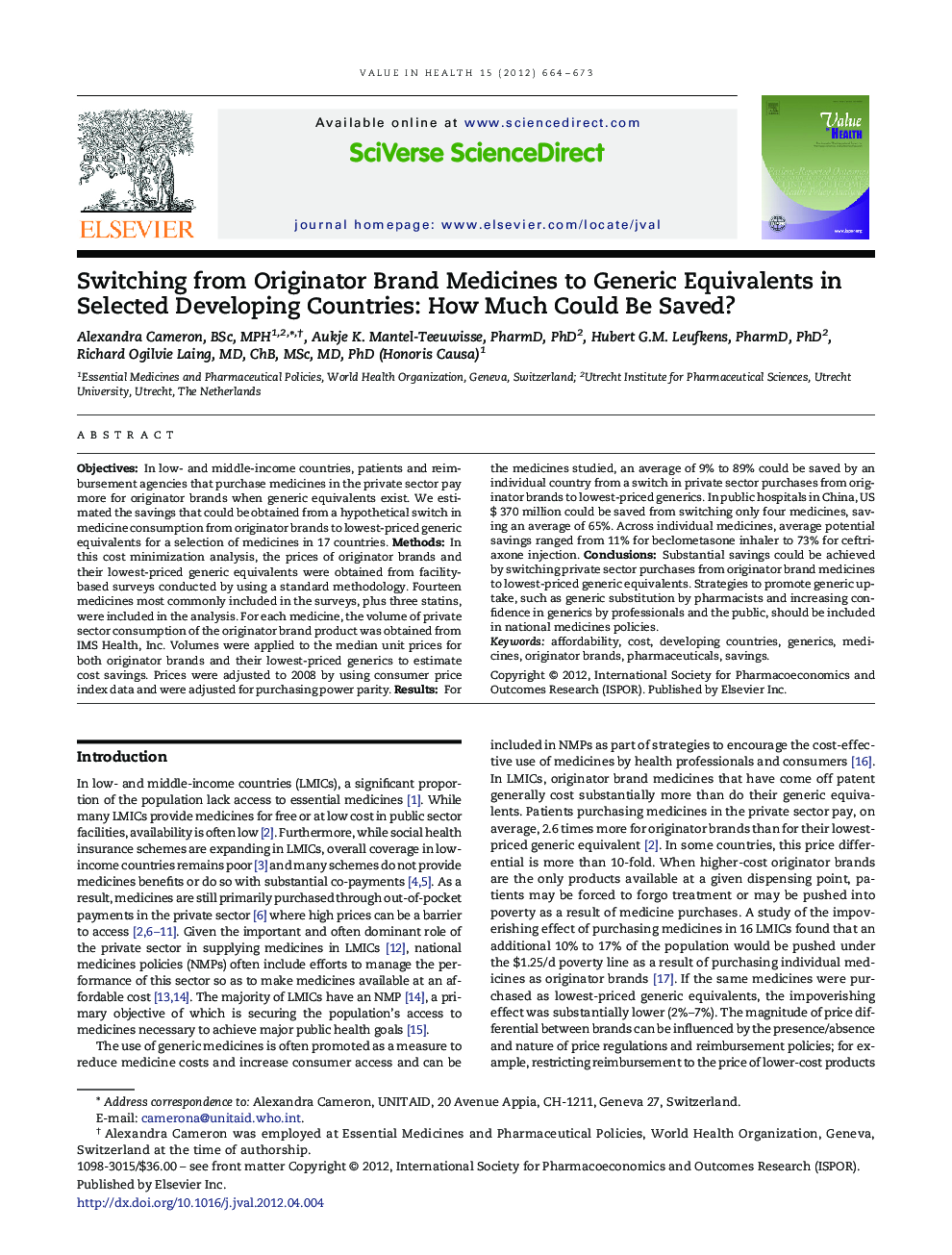 Switching from Originator Brand Medicines to Generic Equivalents in Selected Developing Countries: How Much Could Be Saved?