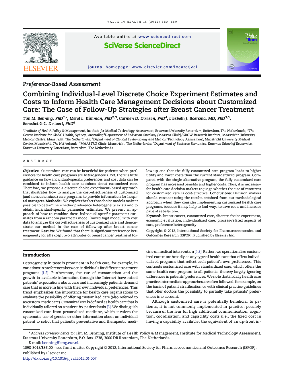 Combining Individual-Level Discrete Choice Experiment Estimates and Costs to Inform Health Care Management Decisions about Customized Care: The Case of Follow-Up Strategies after Breast Cancer Treatment