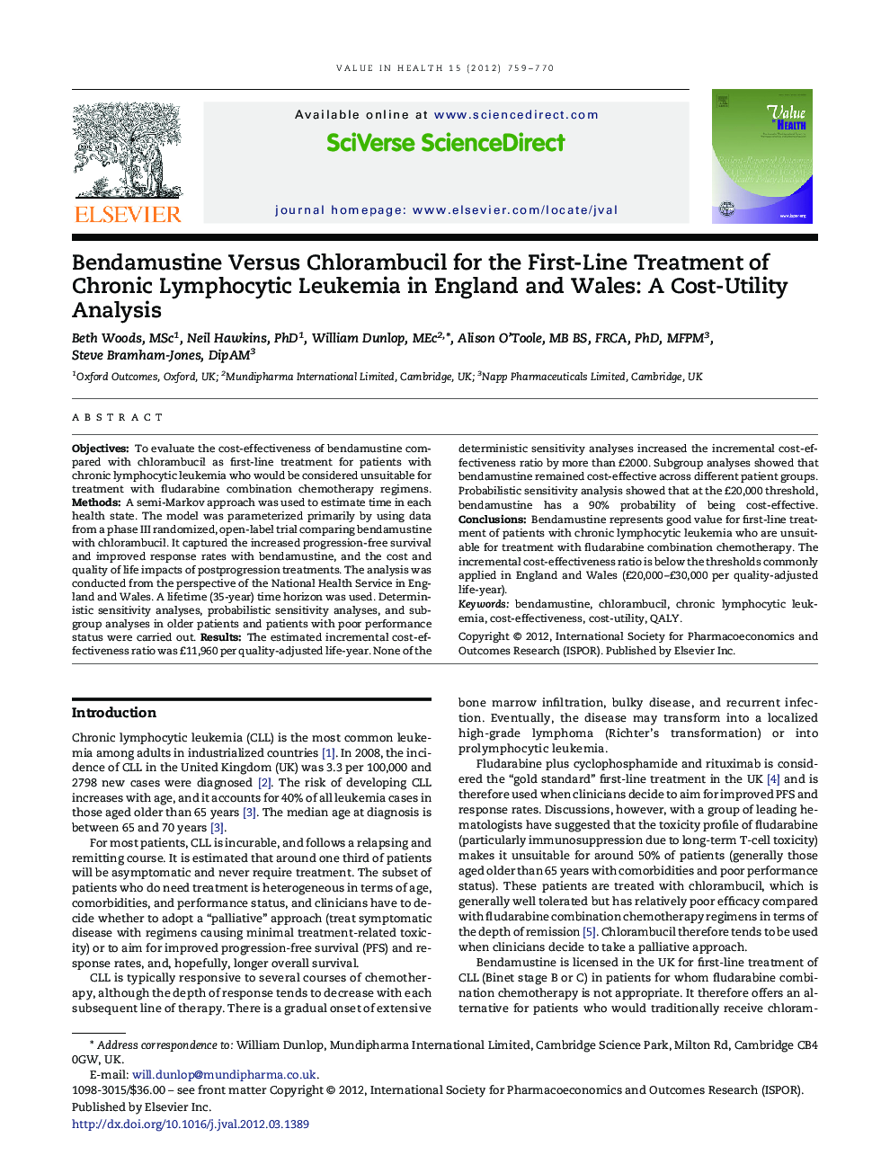 Bendamustine Versus Chlorambucil for the First-Line Treatment of Chronic Lymphocytic Leukemia in England and Wales: A Cost-Utility Analysis