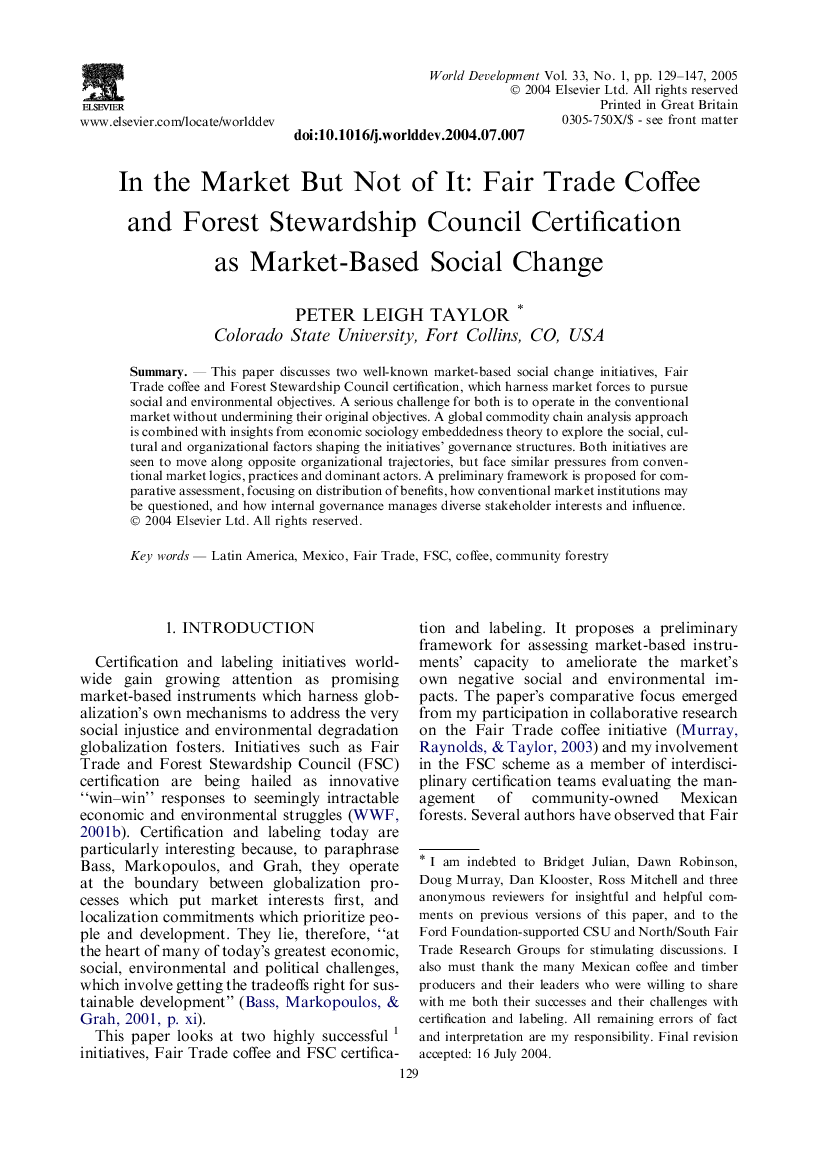 In the Market But Not of It: Fair Trade Coffee and Forest Stewardship Council Certification as Market-Based Social Change