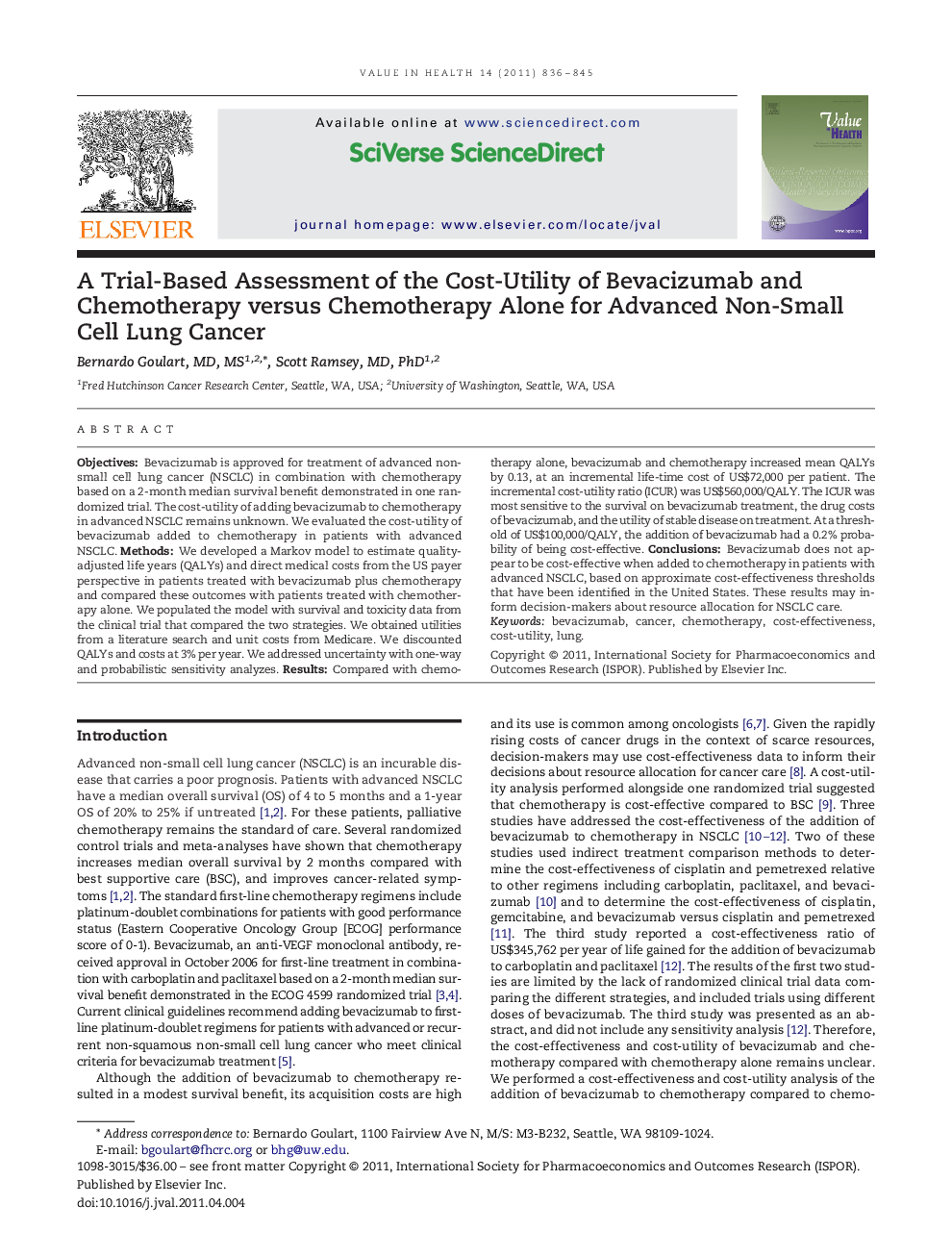 A Trial-Based Assessment of the Cost-Utility of Bevacizumab and Chemotherapy versus Chemotherapy Alone for Advanced Non-Small Cell Lung Cancer