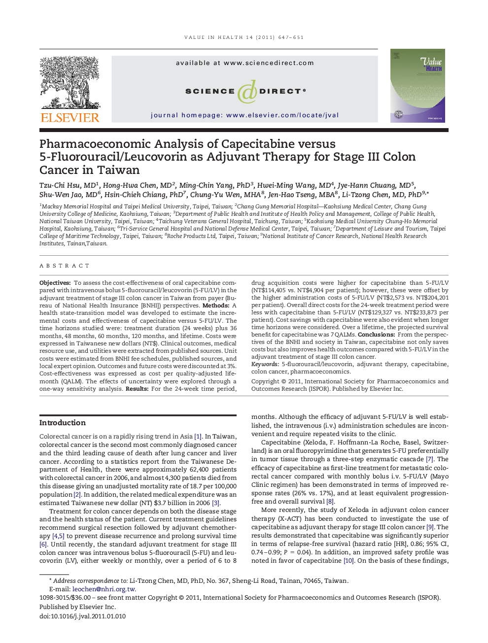 Pharmacoeconomic Analysis of Capecitabine versus 5-Fluorouracil/Leucovorin as Adjuvant Therapy for Stage III Colon Cancer in Taiwan