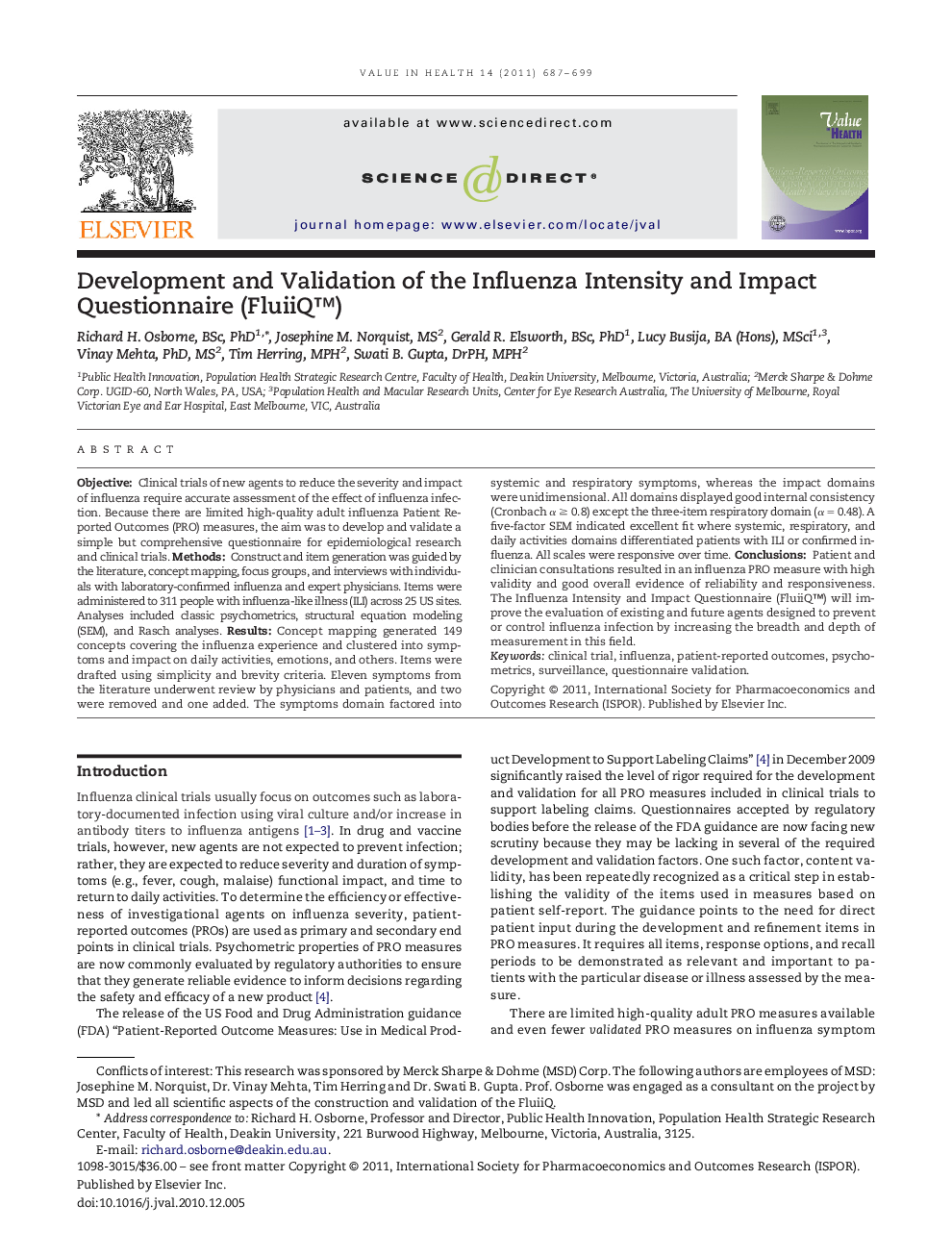 Development and Validation of the Influenza Intensity and Impact Questionnaire (FluiiQâ¢)