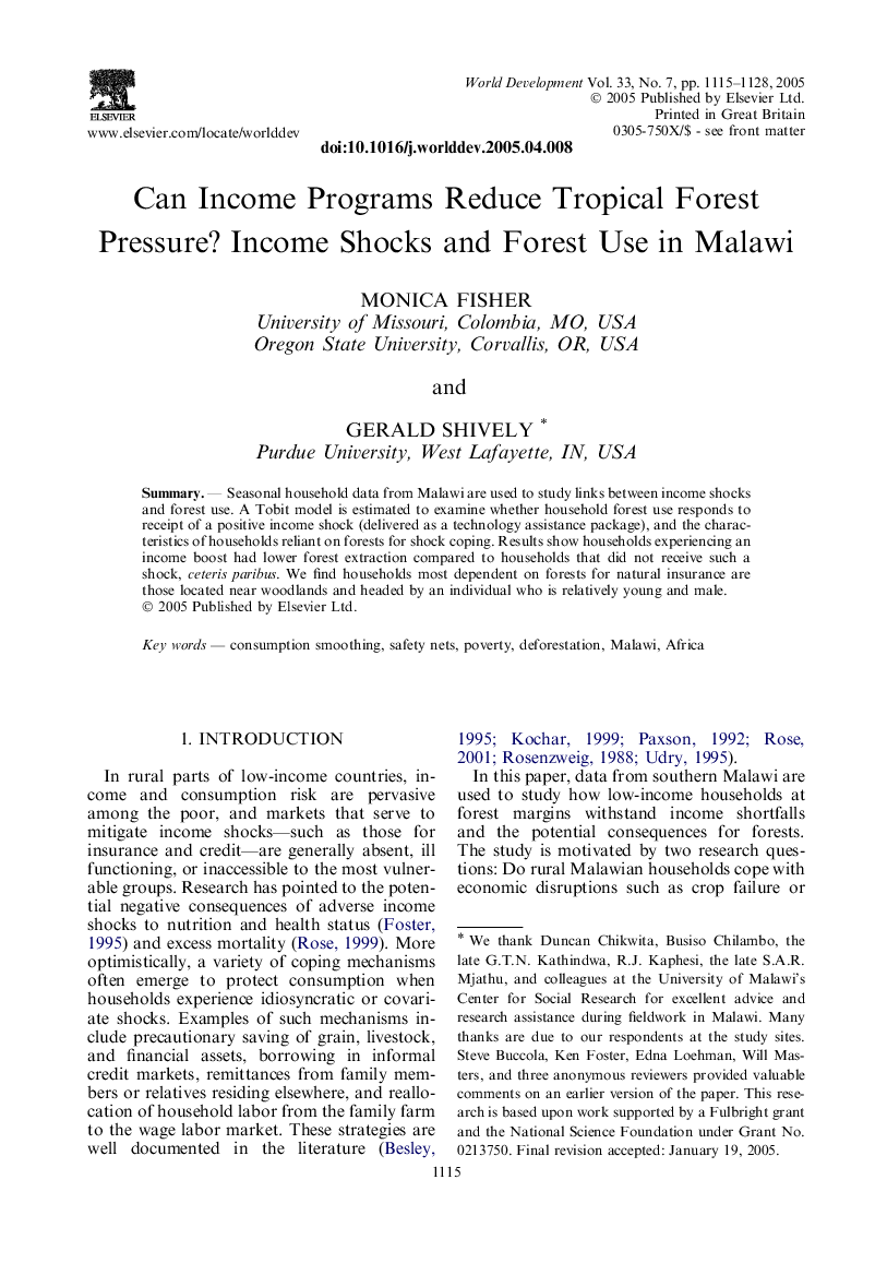 Can Income Programs Reduce Tropical Forest Pressure? Income Shocks and Forest Use in Malawi