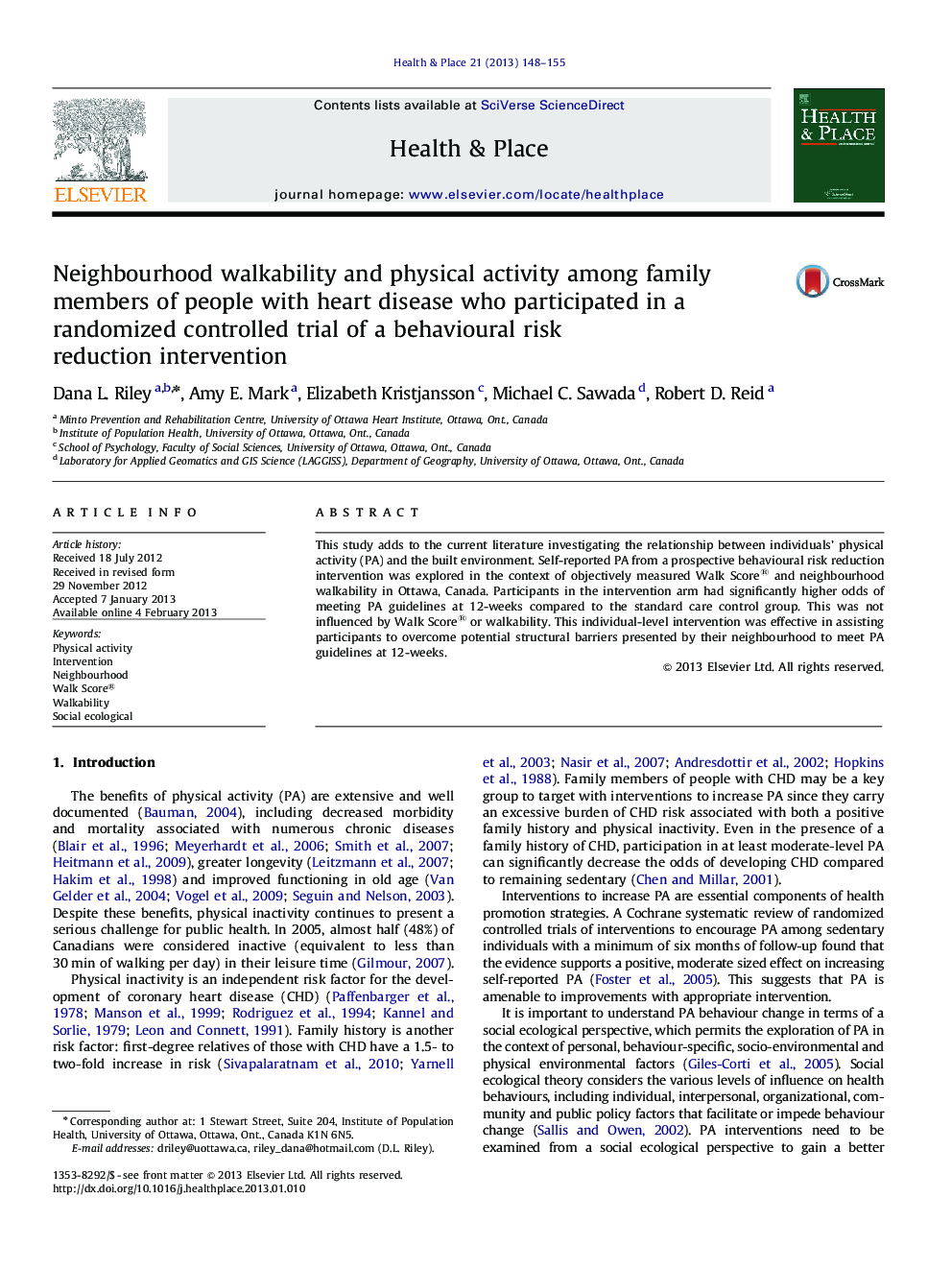 Neighbourhood walkability and physical activity among family members of people with heart disease who participated in a randomized controlled trial of a behavioural risk reduction intervention