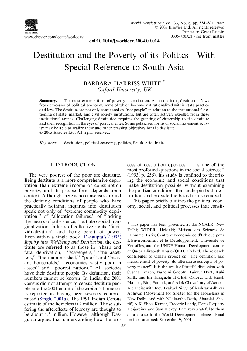 Destitution and the Poverty of its Politics-With Special Reference to South Asia