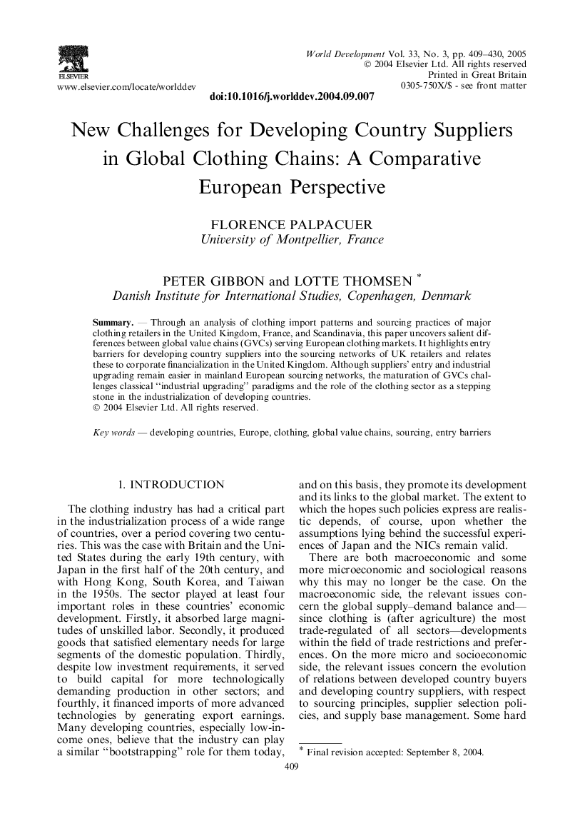 New Challenges for Developing Country Suppliers in Global Clothing Chains: A Comparative European Perspective