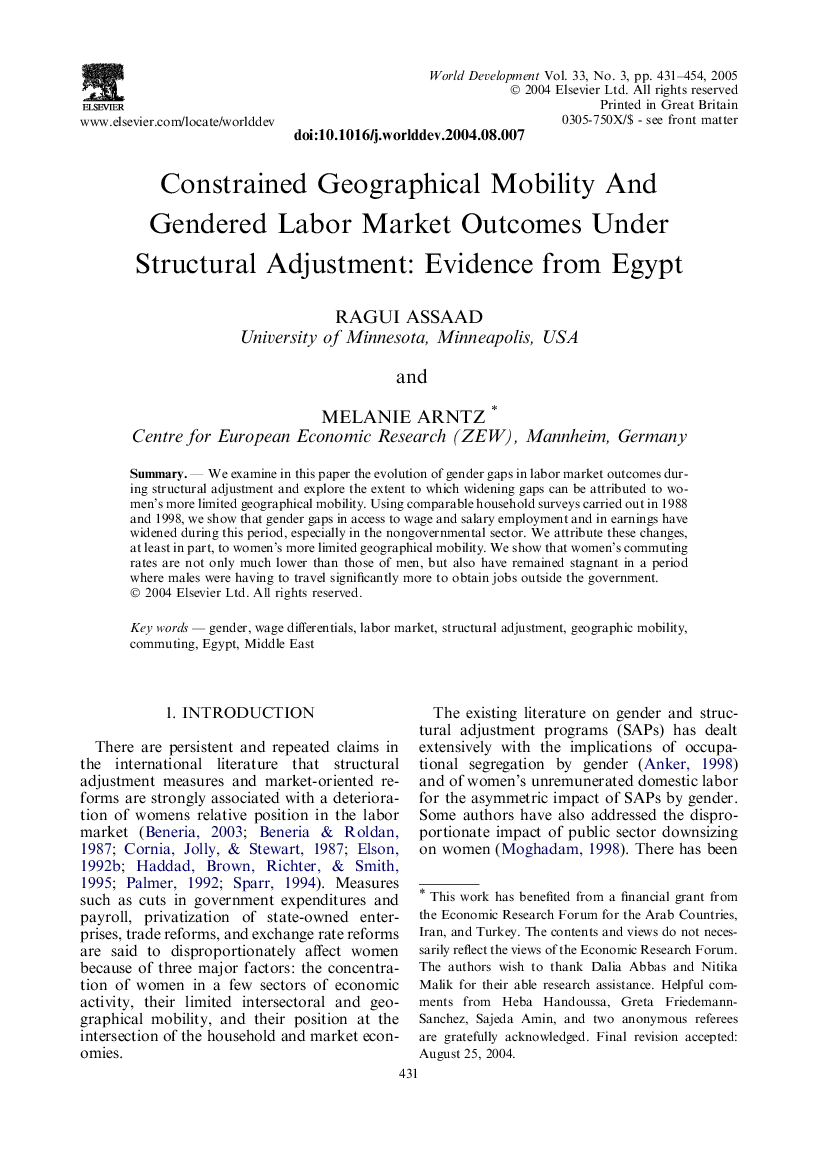 Constrained Geographical Mobility and Gendered Labor Market Outcomes Under Structural Adjustment: Evidence from Egypt