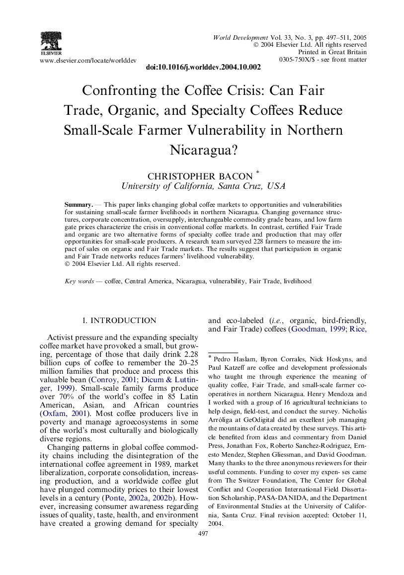 Confronting the Coffee Crisis: Can Fair Trade, Organic, and Specialty Coffees Reduce Small-Scale Farmer Vulnerability in Northern Nicaragua?