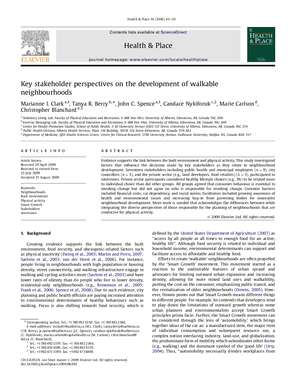 Key stakeholder perspectives on the development of walkable neighbourhoods