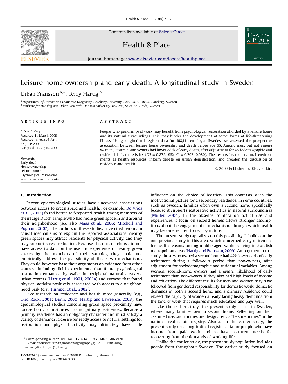 Leisure home ownership and early death: A longitudinal study in Sweden