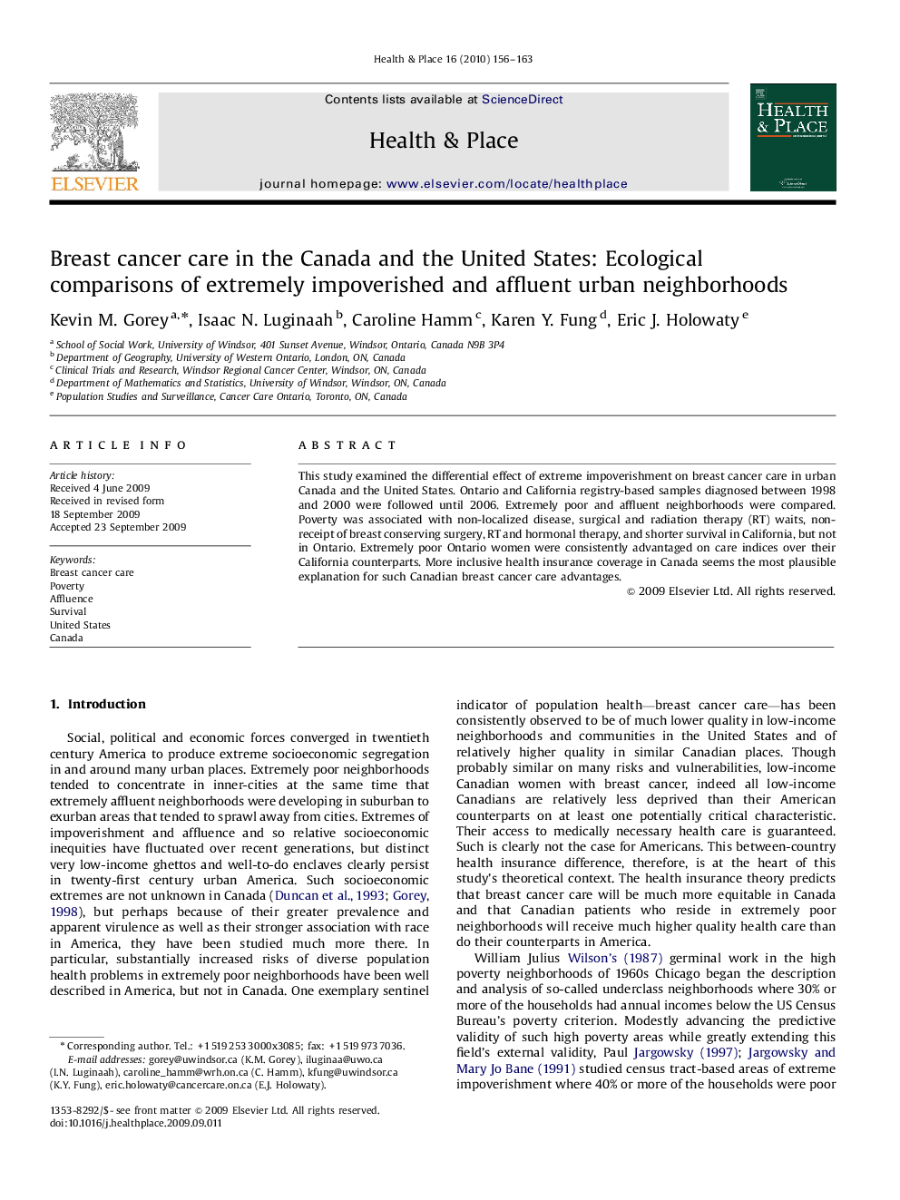 Breast cancer care in the Canada and the United States: Ecological comparisons of extremely impoverished and affluent urban neighborhoods