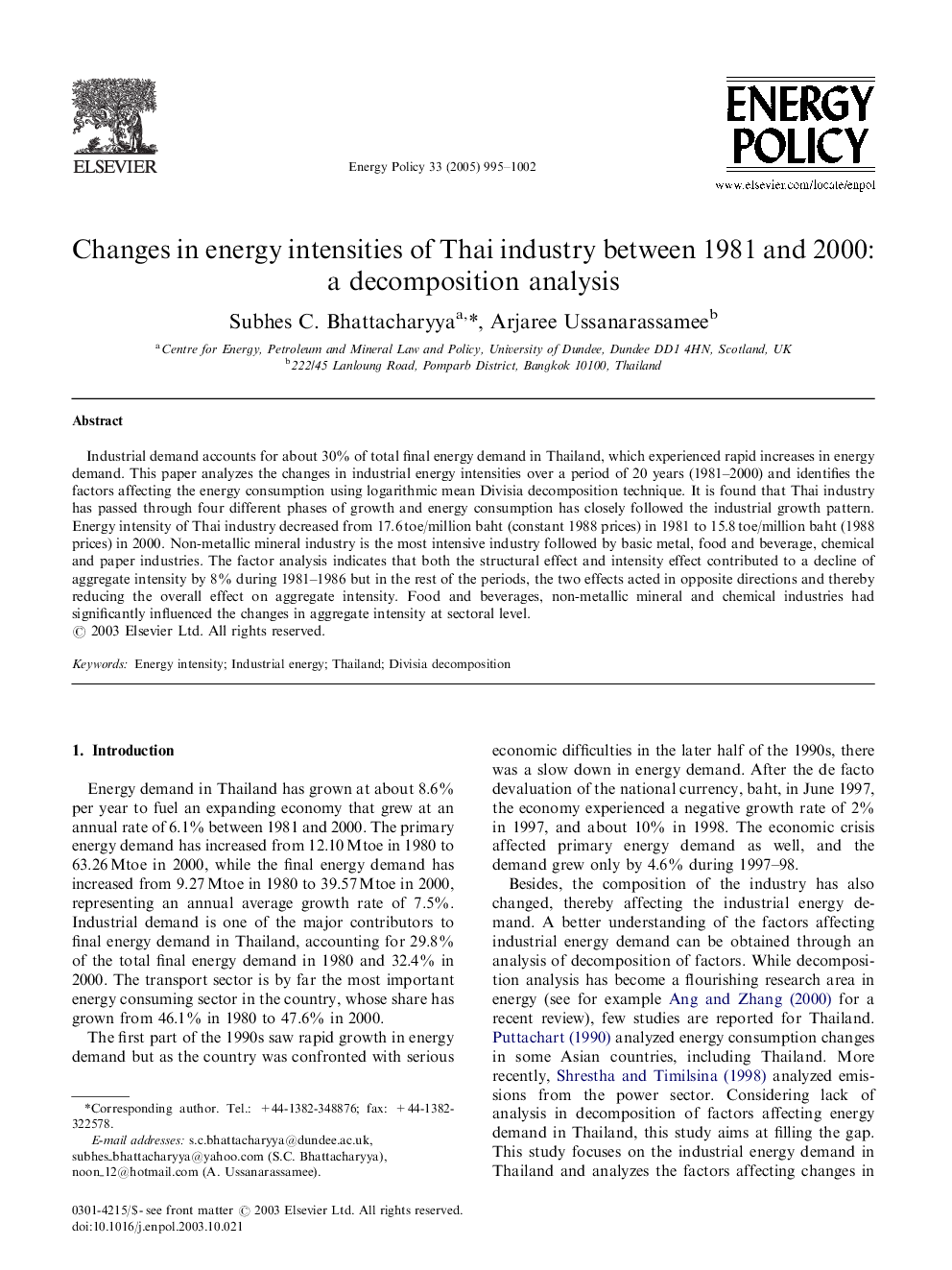 Changes in energy intensities of Thai industry between 1981 and 2000: a decomposition analysis