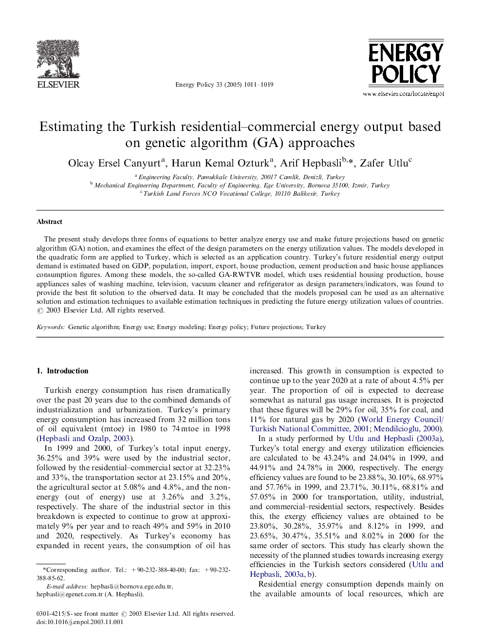 Estimating the Turkish residential-commercial energy output based on genetic algorithm (GA) approaches