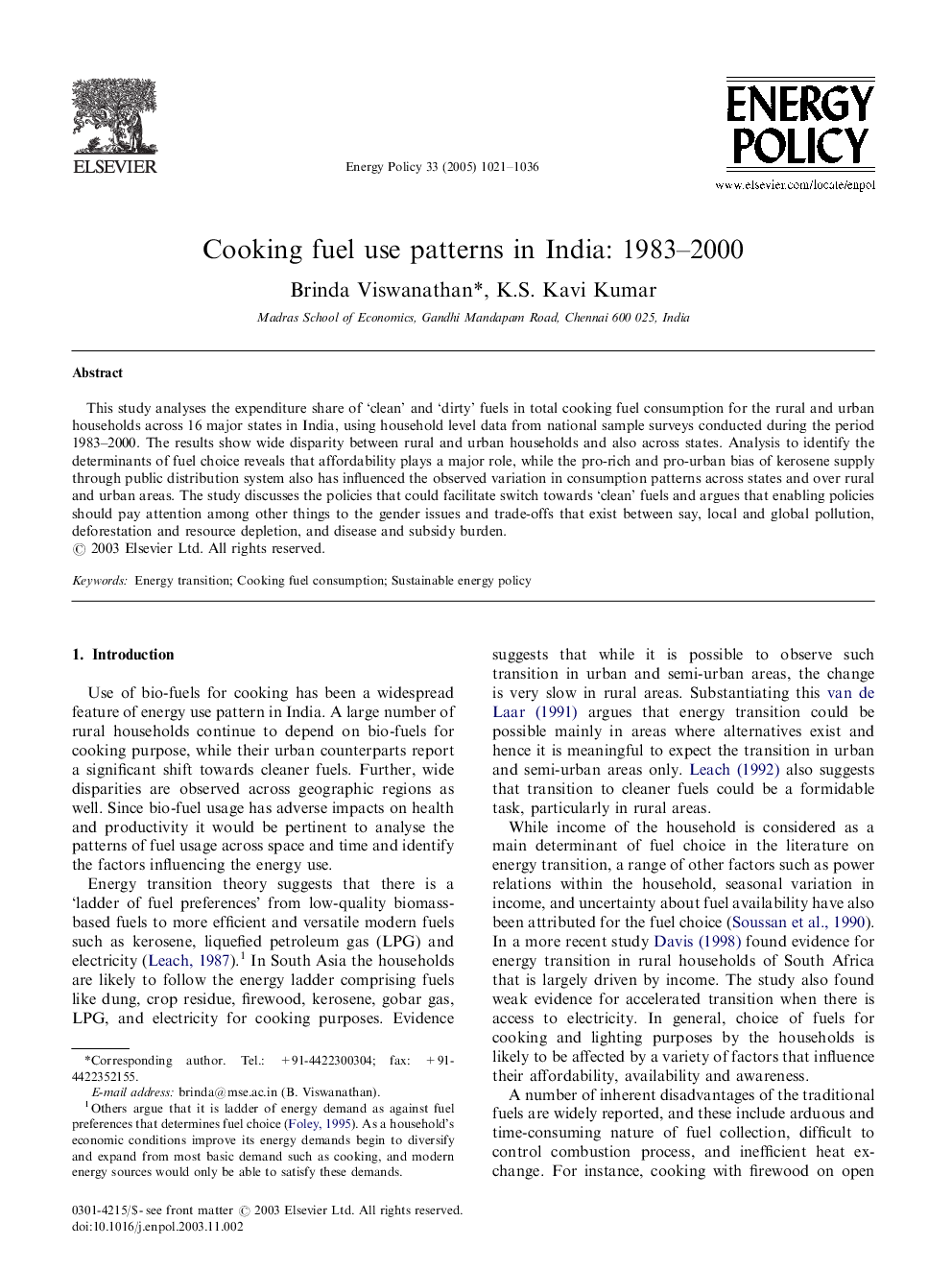 Cooking fuel use patterns in India: 1983-2000