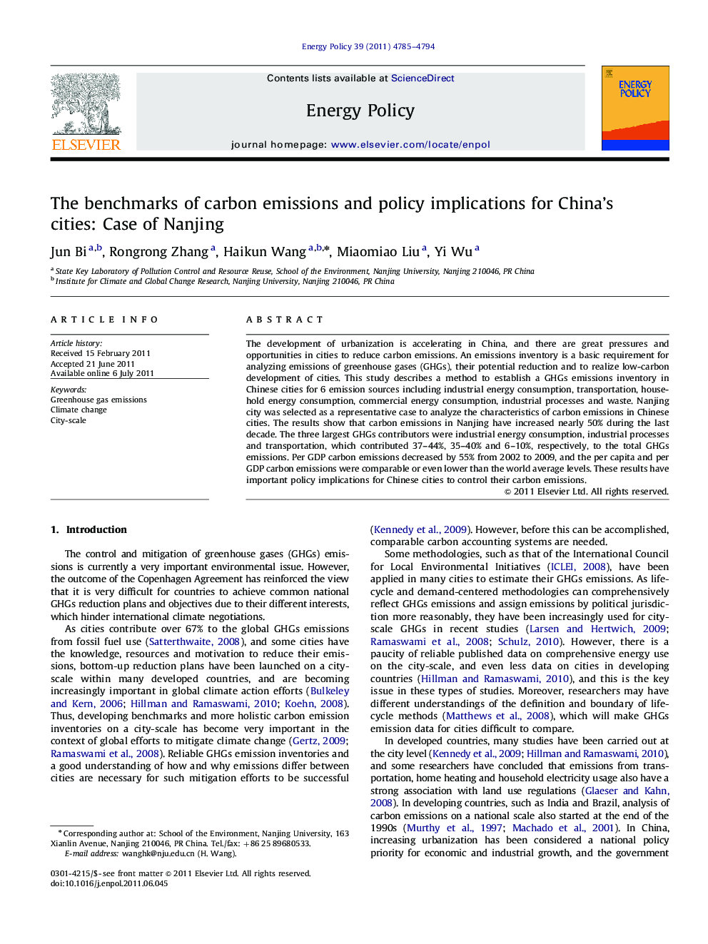 The benchmarks of carbon emissions and policy implications for China's cities: Case of Nanjing