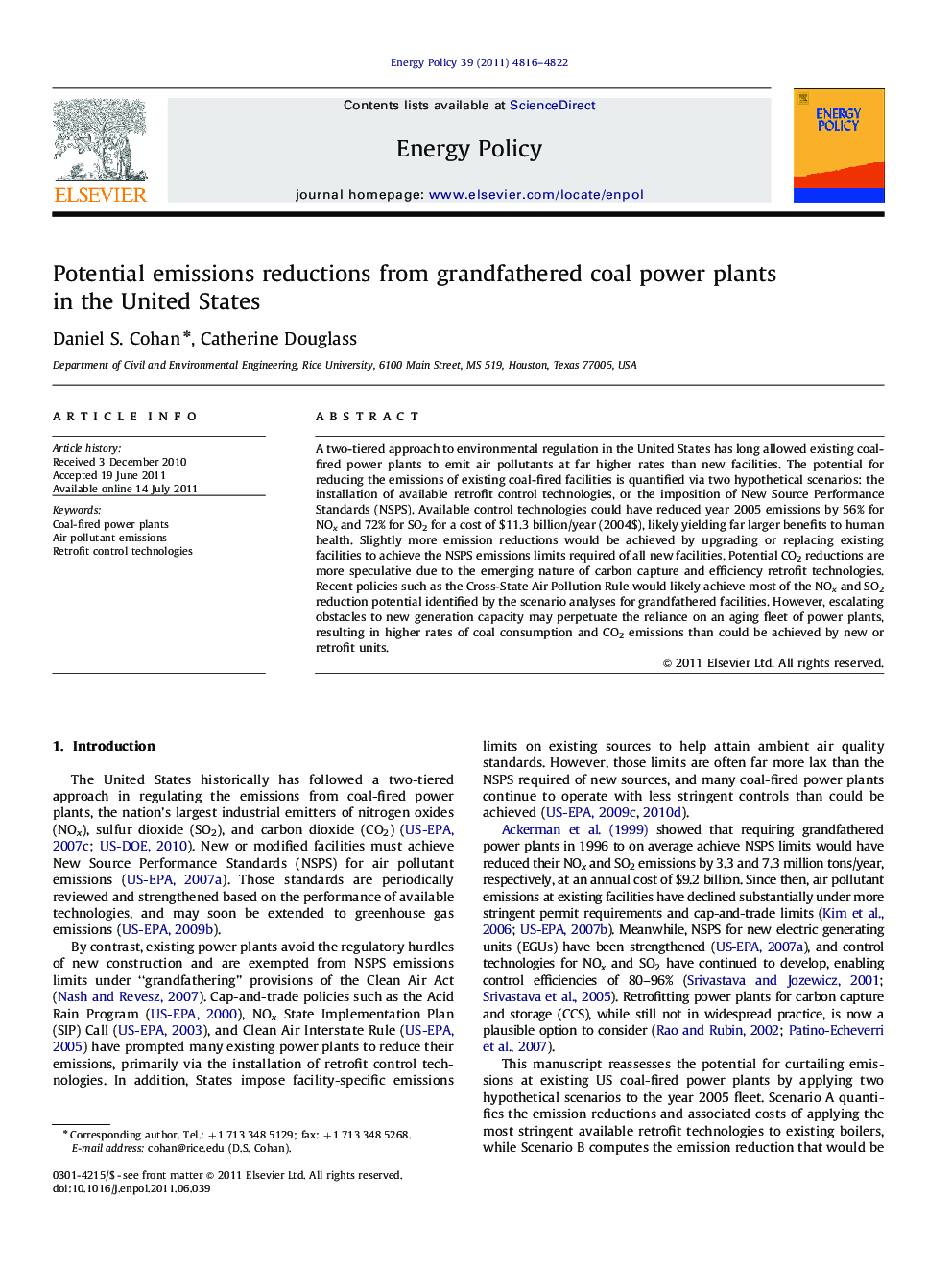 Potential emissions reductions from grandfathered coal power plants in the United States