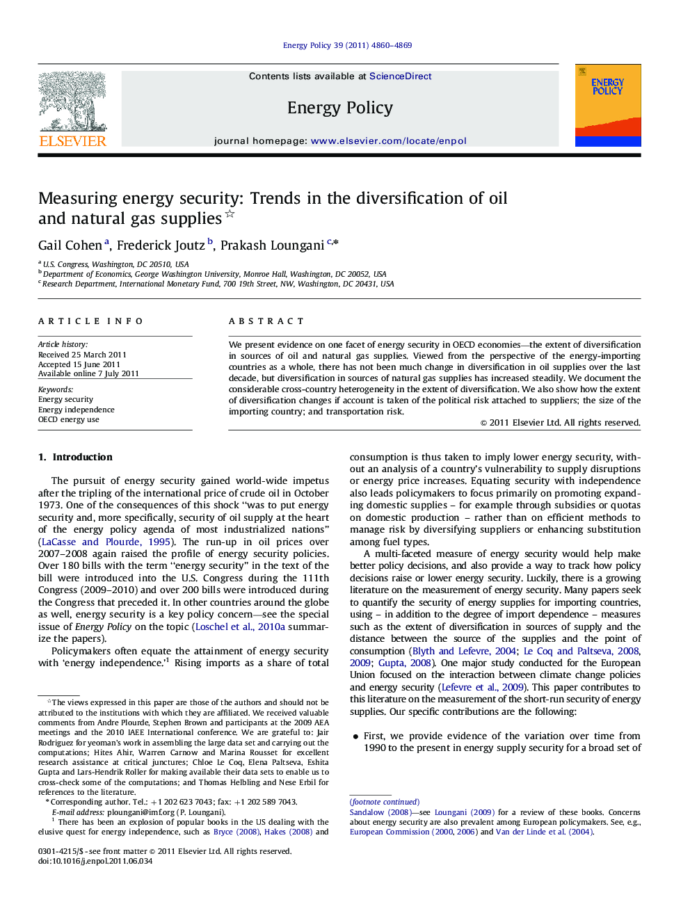Measuring energy security: Trends in the diversification of oil and natural gas supplies