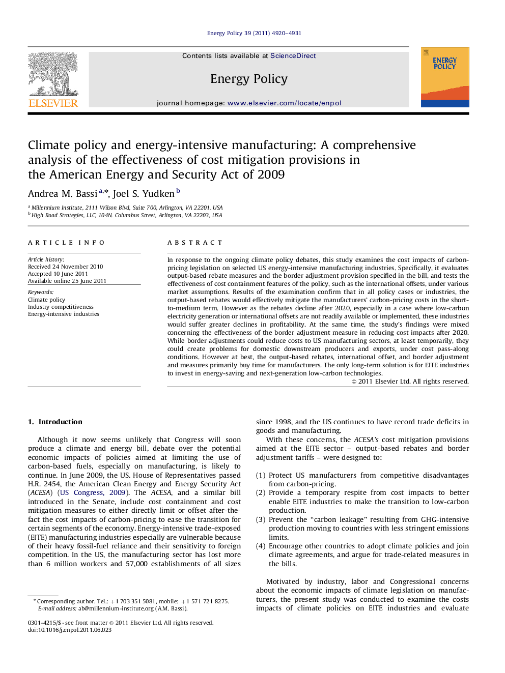 Climate policy and energy-intensive manufacturing: A comprehensive analysis of the effectiveness of cost mitigation provisions in the American Energy and Security Act of 2009