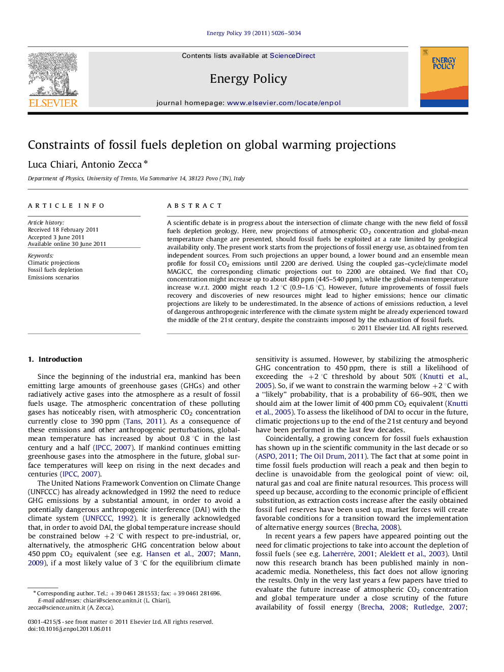 Constraints of fossil fuels depletion on global warming projections