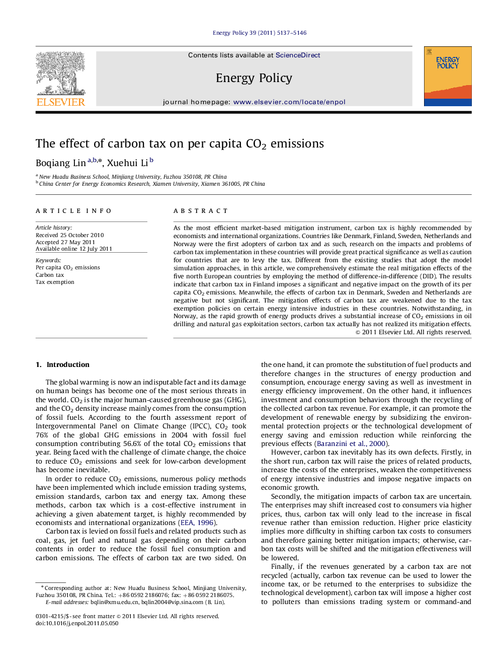 The effect of carbon tax on per capita CO2 emissions