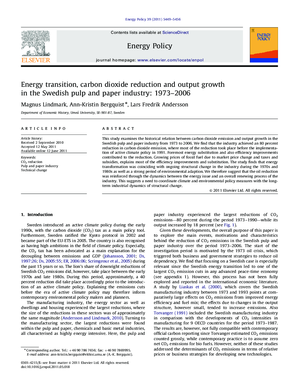 Energy transition, carbon dioxide reduction and output growth in the Swedish pulp and paper industry: 1973-2006