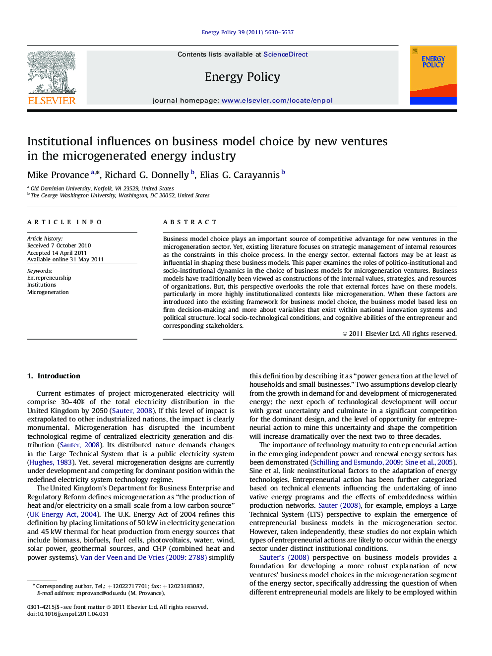 Institutional influences on business model choice by new ventures in the microgenerated energy industry