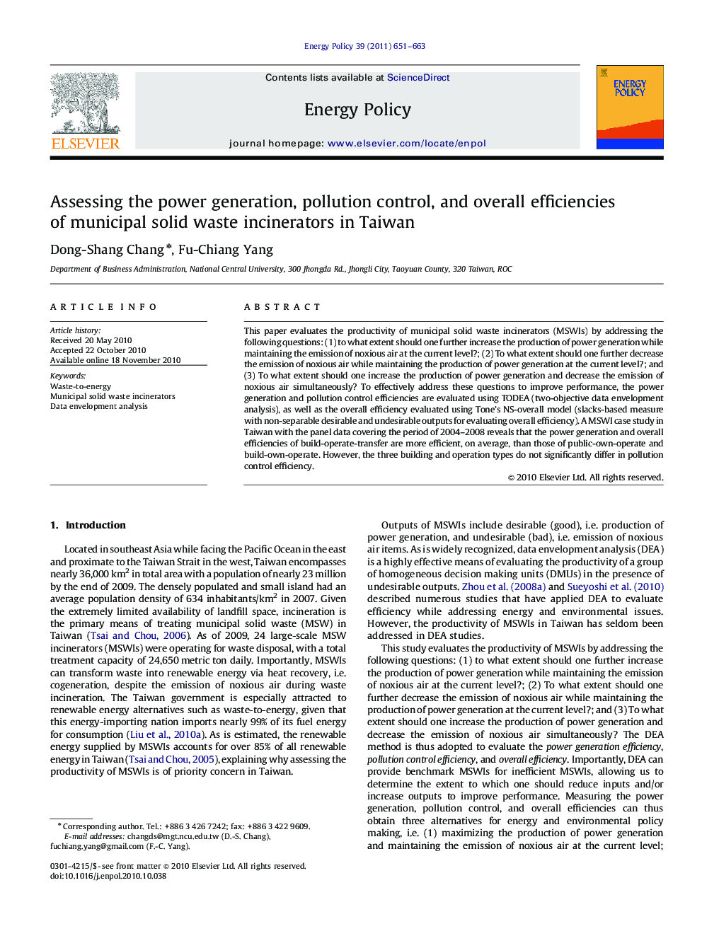 Assessing the power generation, pollution control, and overall efficiencies of municipal solid waste incinerators in Taiwan