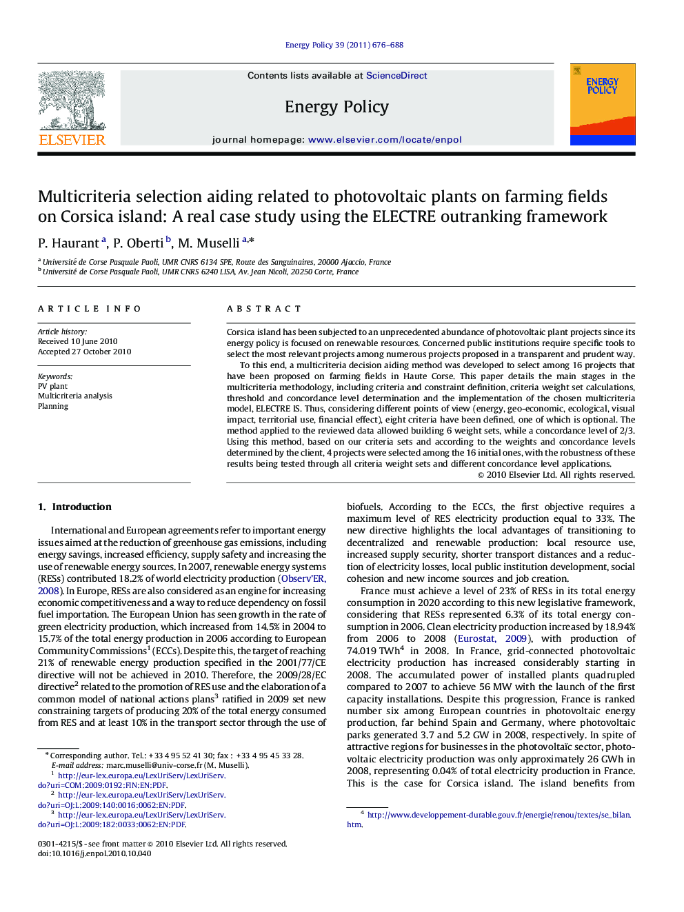 Multicriteria selection aiding related to photovoltaic plants on farming fields on Corsica island: A real case study using the ELECTRE outranking framework