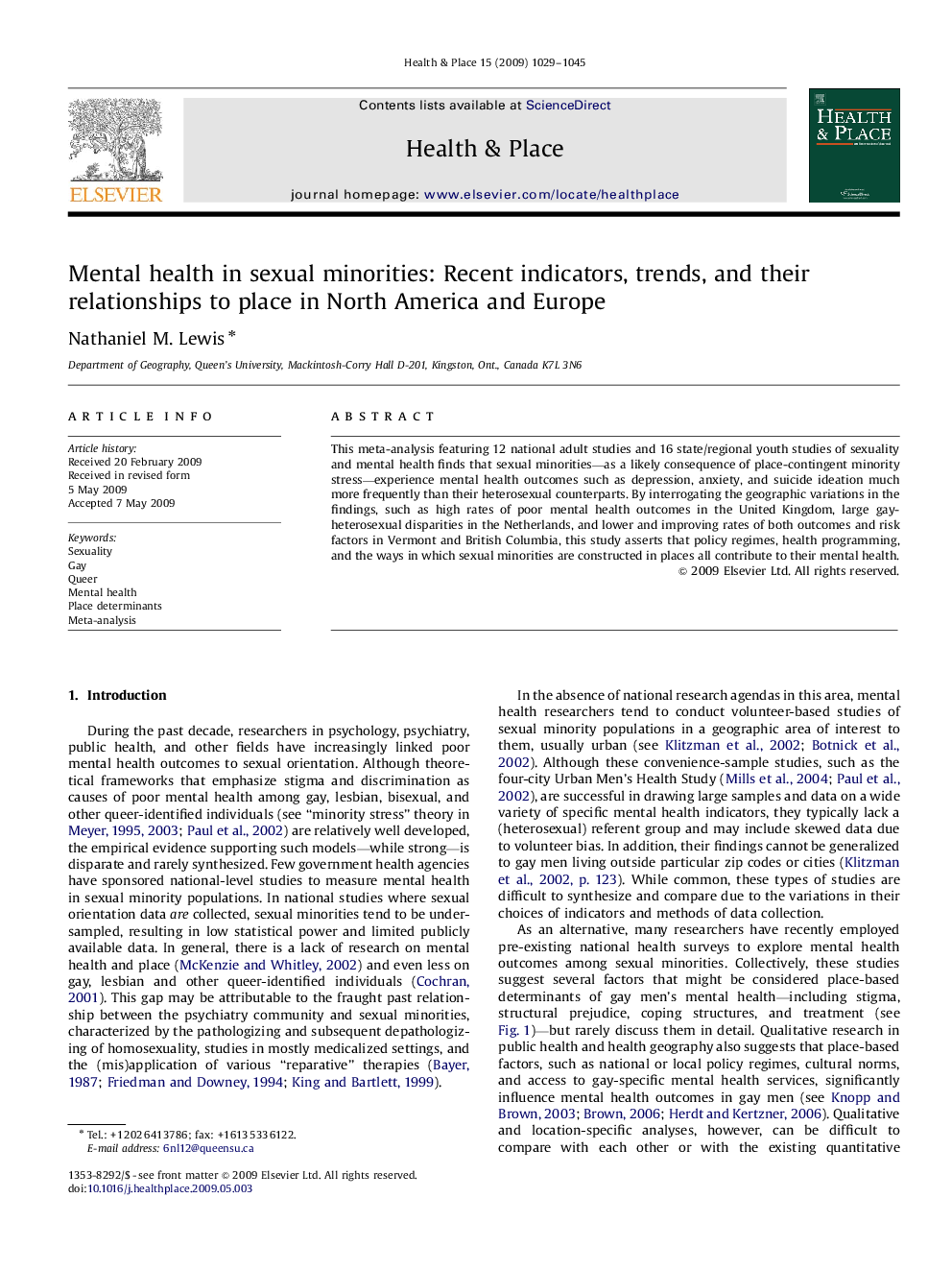 Mental health in sexual minorities: Recent indicators, trends, and their relationships to place in North America and Europe