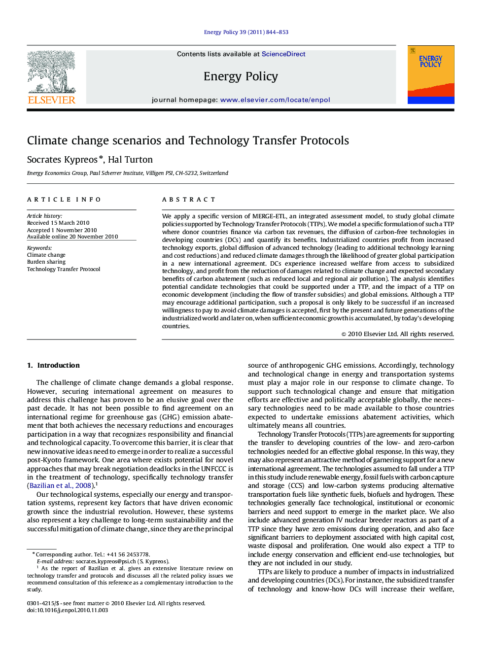 Climate change scenarios and Technology Transfer Protocols